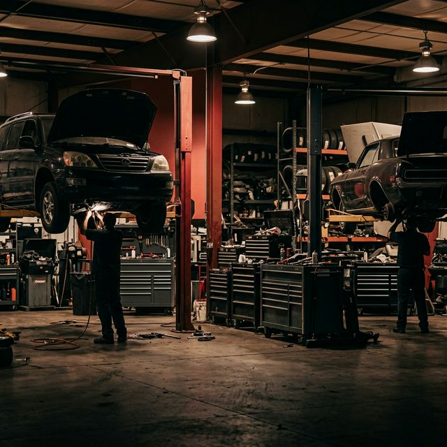 Auto maintenance workshop floor with cars on hydraulic lifts