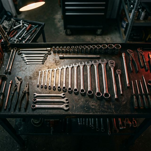 Flatlay of professional hand tools on workshop workbench